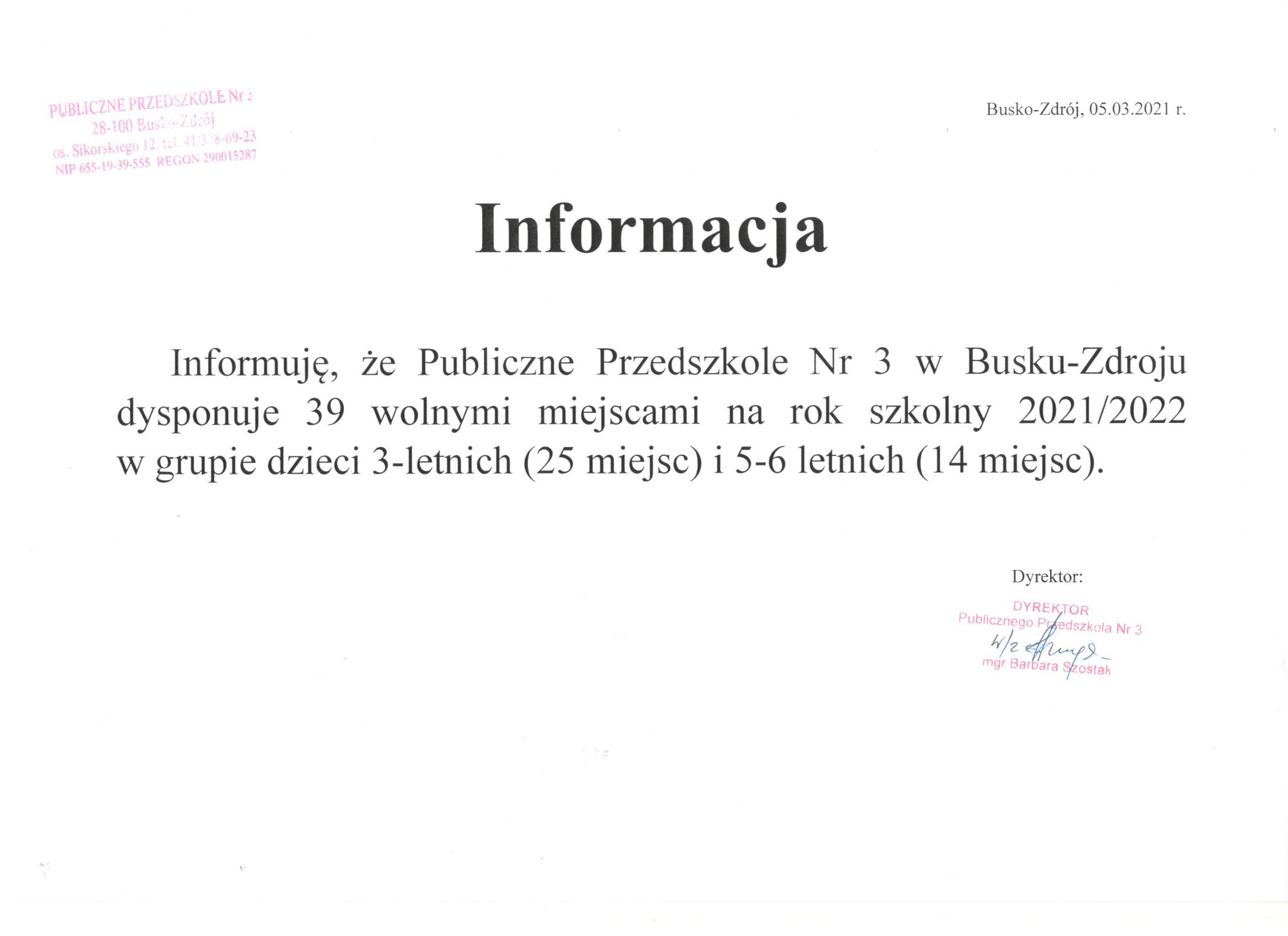 Informacja o ilości wolnych miejsc na rok szkolny 2021 2022 Publiczne